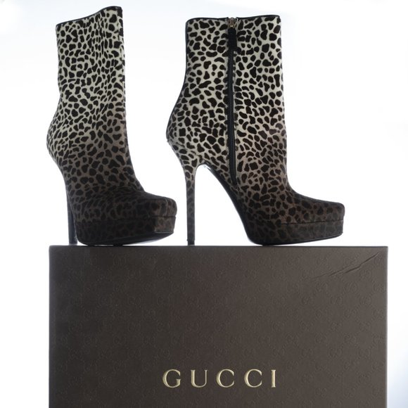 New In Box! GUCCI PONY HAIR Leopard Gradient Print Booties - Picture 1 of 12